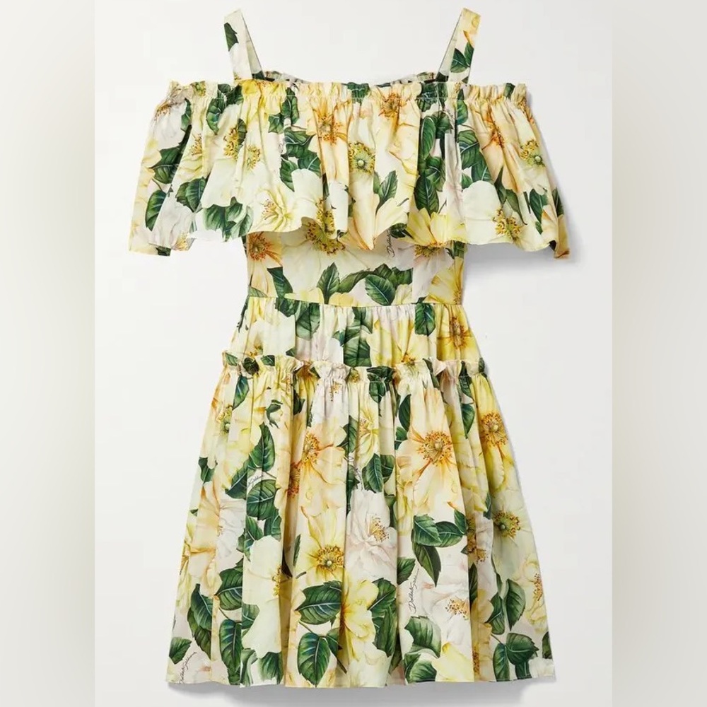 Dolce and Gabbana Cold-Shoulder Ruffled Floral-Print Cotton-Poplin Mini Dress
